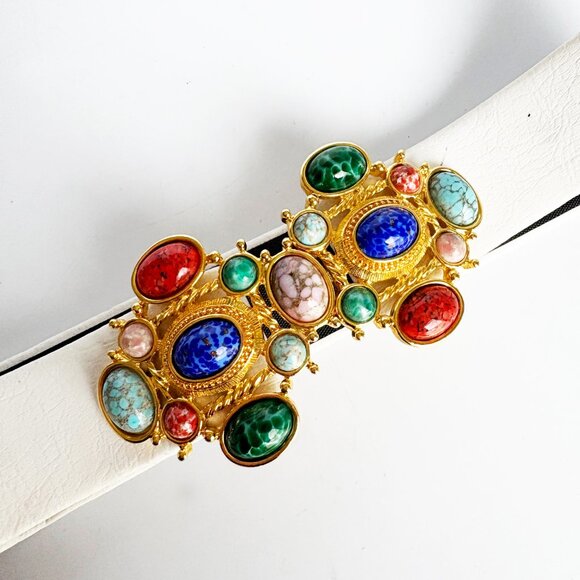 Vintage Paquette Belt Buckle with Cabochons + White Gay Boyer Belt Strap - Picture 3 of 12